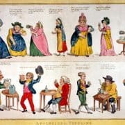 Caricature with a row of seven white women over a row of six white men each drinking different alcoholic beverages.