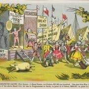 Circus scene. White attendees and performers surrounded by banners watch a pig run away and a man fall backwards near a man climbing a pole.