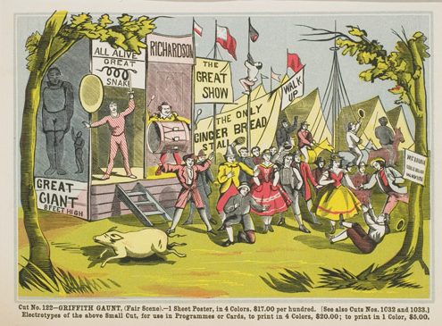 Circus scene. White attendees and performers surrounded by banners watch a pig run away and a man fall backwards near a man climbing a pole.