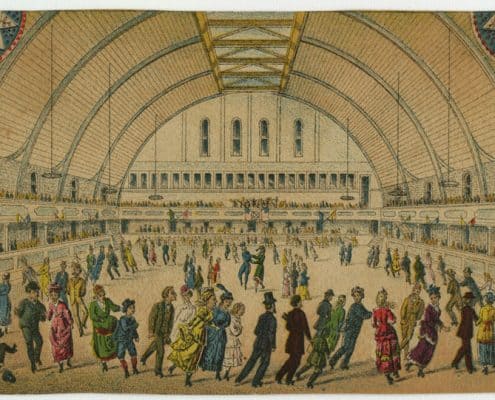 Trade card for the Philadelphia Roller Skating Rink. (ca. 1881). Chromolithograph.