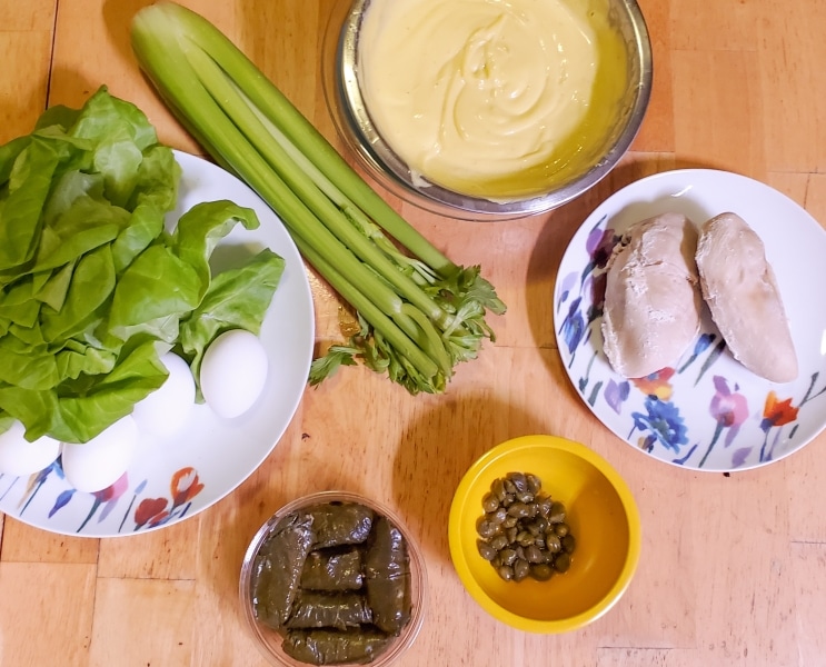 19th Century chicken salad ingredients, mayo, egg, lettuce, olives, chicken, celery