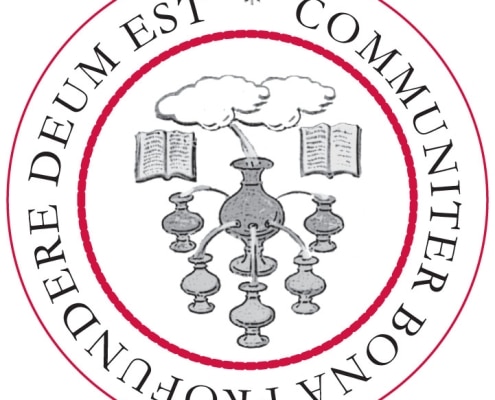 Illustration of the seal of the Library Company, with books pouring knowledge from single large jar to many smaller jars