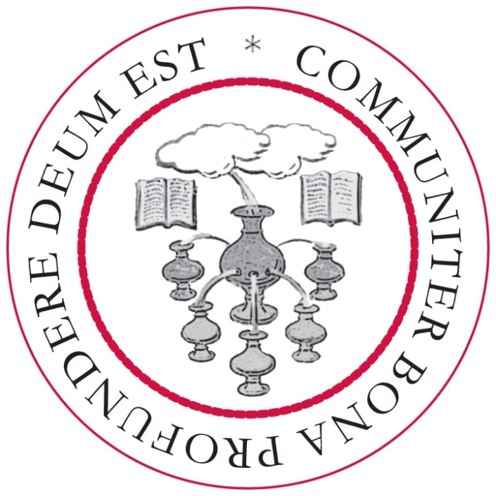 Illustration of the seal of the Library Company, with books pouring knowledge from single large jar to many smaller jars