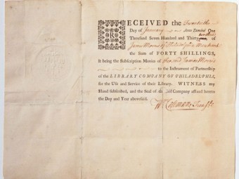 Receipt for a share of the Library Company.