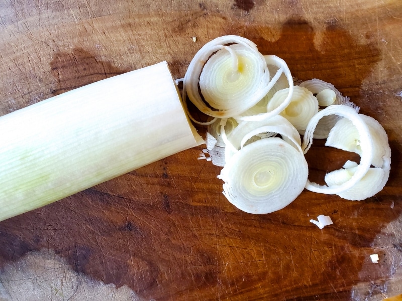 Sliced leeks ready to be washed and drained