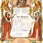 German language baptism certificate with angels and scenes from the bible, and of a baptism.