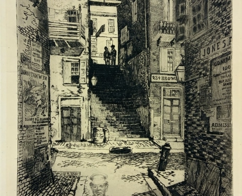 Joseph Pennell, Water Street Stairs (Philadelphia). Etching. Two shadowy figures stand at the top of an alley stairway in background, alley has many bills posted, man in sailor outfit in the bottom foreground.