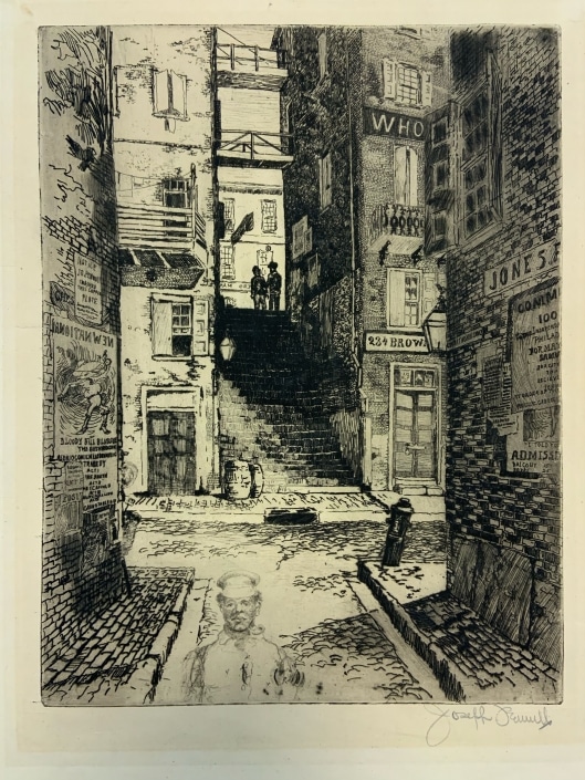 Joseph Pennell, Water Street Stairs (Philadelphia). Etching. Two shadowy figures stand at the top of an alley stairway in background, alley has many bills posted, man in sailor outfit in the bottom foreground.